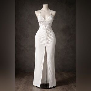 ZARA White Ruched Cutout Maxi Dress Stretch Bodycon Size M (Runs Small)